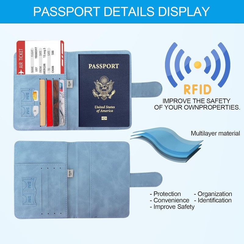 Sovirose Passport Holders, RFID Blocking Credit Card Holder, PU Leather Vaccine Card Holders for Travel with Magnetic Buckle, Travel Must Haves Cruise Ship Essentials for Men, Women (Blue) - Image 3